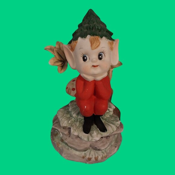 Vintage Berman & Anderson Pixie Elf On Mushroom Christmas Rotating Music Box